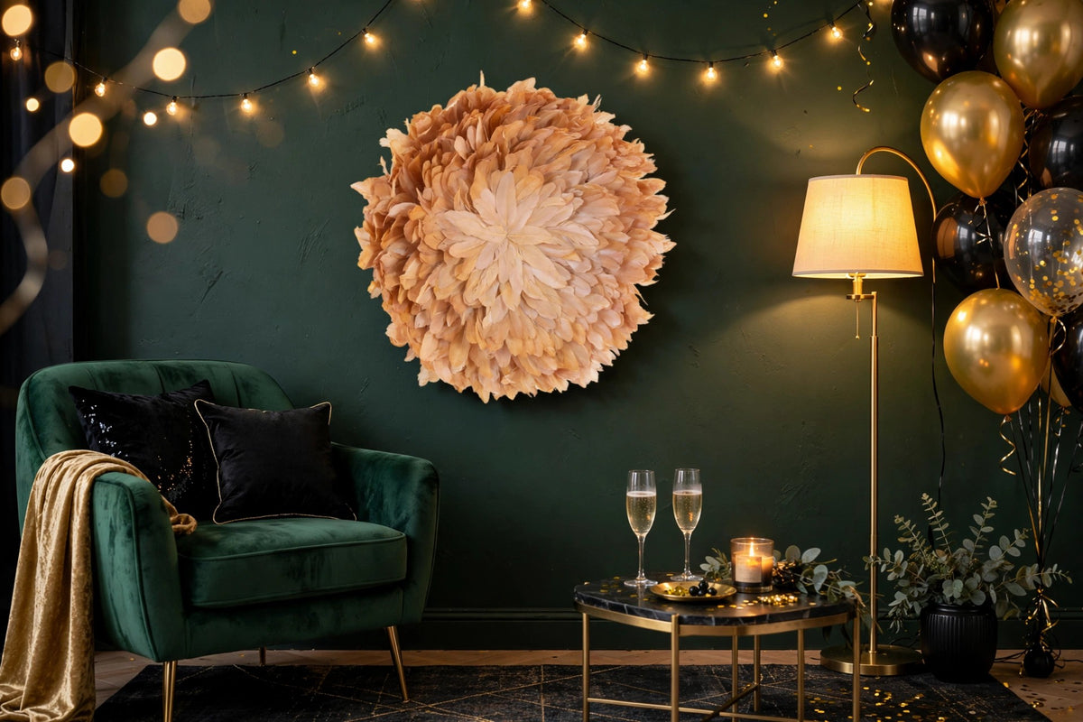 African JuJu Hat Feather Wall Art and Decor - Large - Gold hung on a wall in a holiday-decorated room