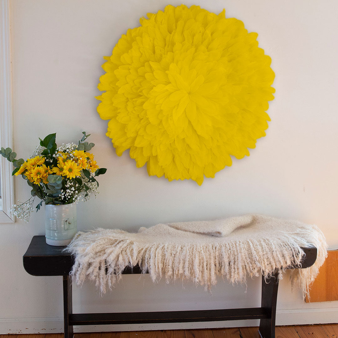 African JuJu Hat Feather Wall Art and Decor - Large - Lemon Yellow - Feathers