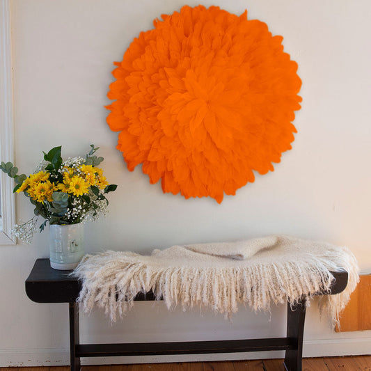 African JuJu Hat Feather Wall Art and Decor - Large - Orange - Feathers