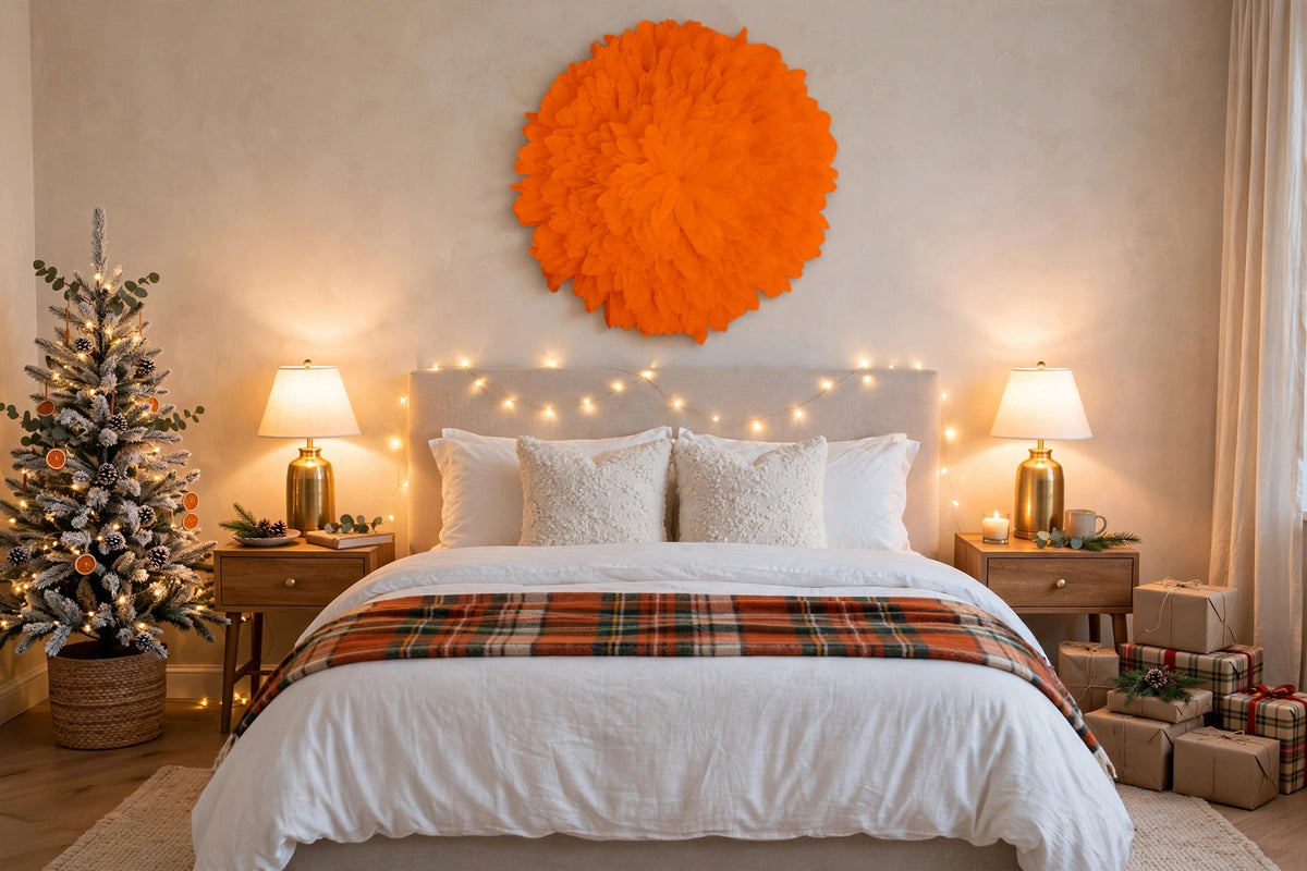 African JuJu Hat Feather Wall Art and Decor - Large - Orange hung on a wall in a holiday-decorated room