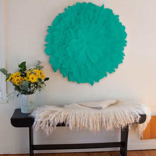 African JuJu Hat Feather Wall Art and Decor- Large - Seafoam - Feathers