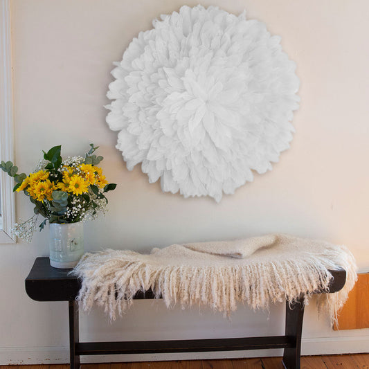 African JuJu Hat Feather Wall Art and Decor - Large - White - Feathers