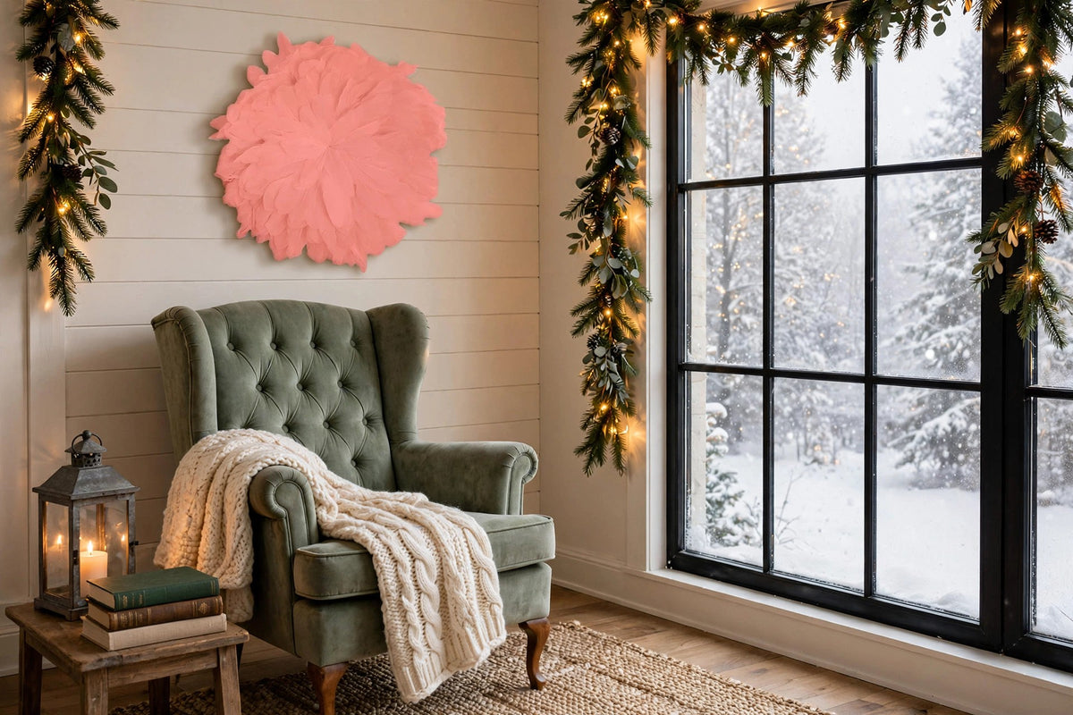 African JuJu Hats Feather Wall Art - Small - Apricot Blush hung on a wall in a holiday-decorated room