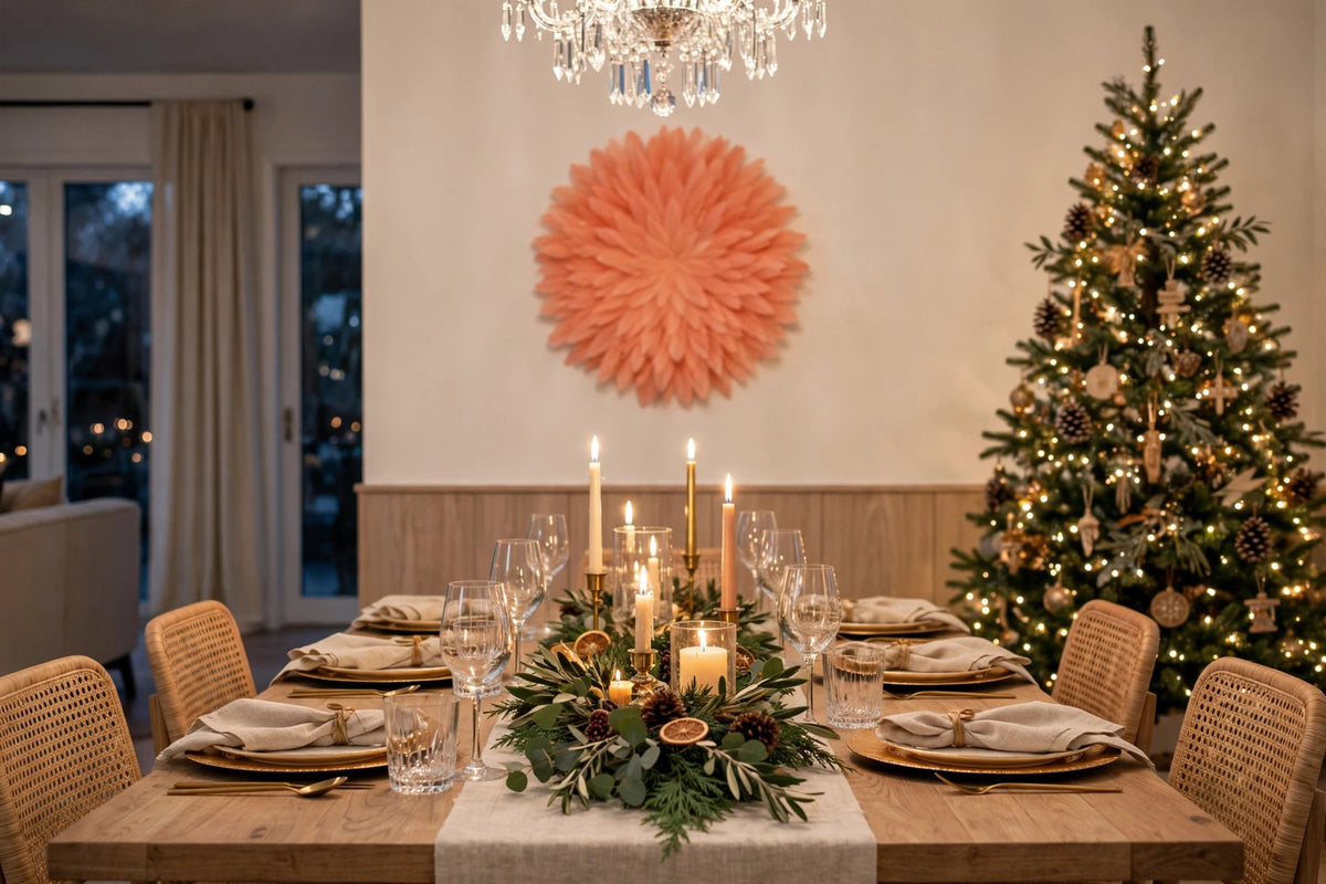 African JuJu Hats Feather Wall Art - Small - Coral hung on a wall in a holiday-decorated room