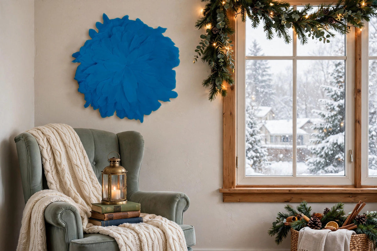 African JuJu Hats Feather Wall Art - Small - Dark Turquoise hung on a wall in a holiday-decorated room