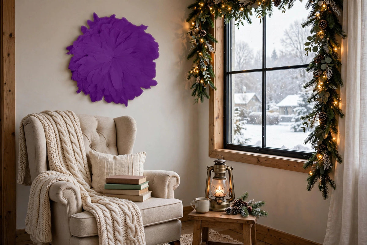 African JuJu Hats Feather Wall Art - Small - Fluorescent Lavender hung on a wall in a holiday-decorated room