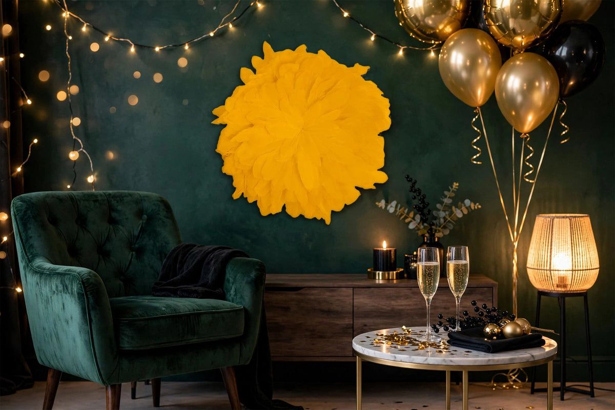 African JuJu Hats Feather Wall Art - Small-Gold hung on a wall in a holiday-decorated room