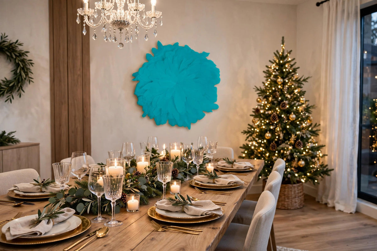 African JuJu Hats Feather Wall Art - Small - Light Turquoise hung on a wall in a holiday-decorated room