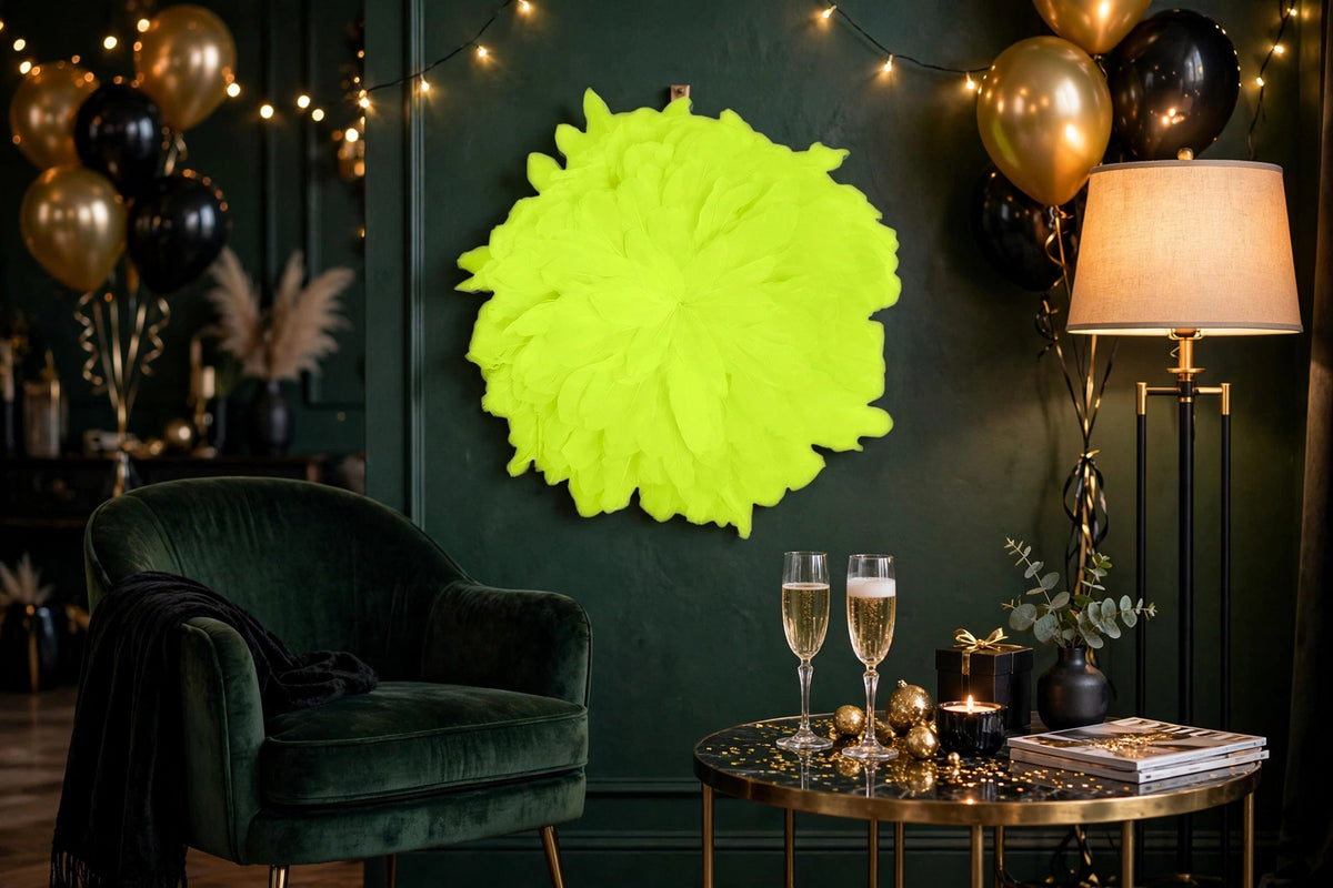African JuJu Hats Feather Wall Art - Small - Lime hung on a wall in a holiday-decorated room
