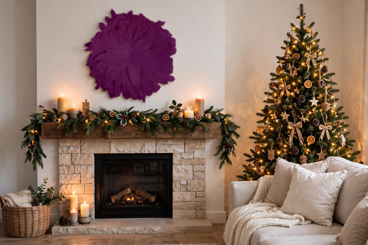African JuJu Hats Feather Wall Art - Small- Purple hung on a wall in a holiday-decorated room