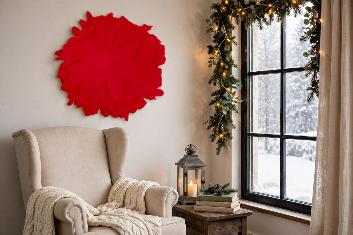 African JuJu Hats Feather Wall Art - Small - Red hung on a wall in a holiday-decorated room