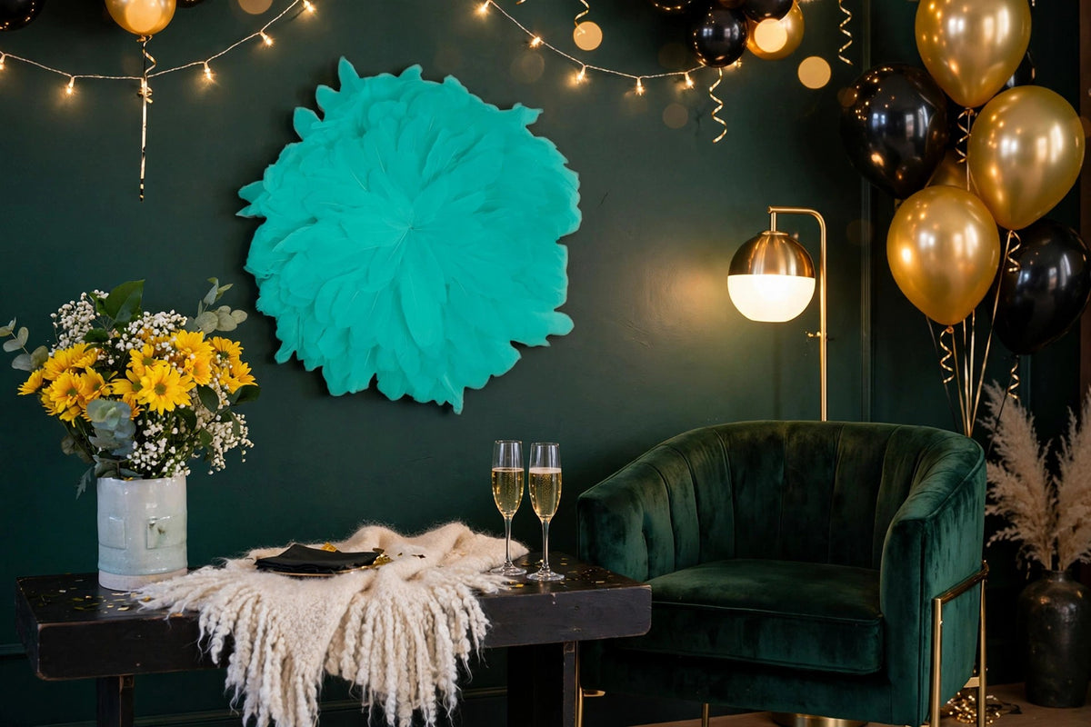 African JuJu Hats Feather Wall Art - Small - Seafoam hung on a wall in a holiday-decorated room