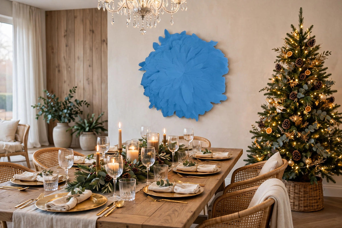 African JuJu Hats Feather Wall Art - Small - Sky hung on a wall in a holiday-decorated room