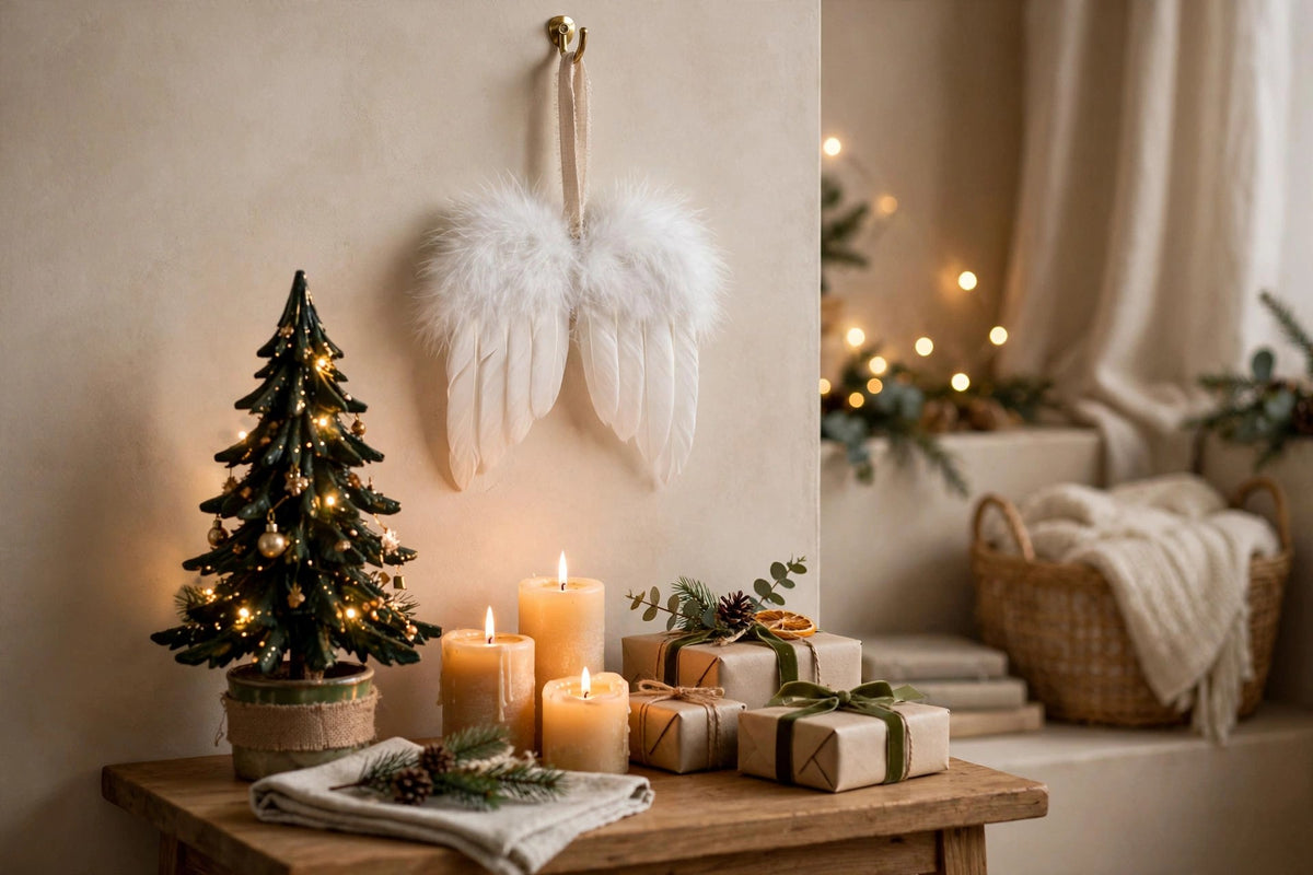 Angel Feather Wing Ornament hung on a wall in a holiday-decorated room