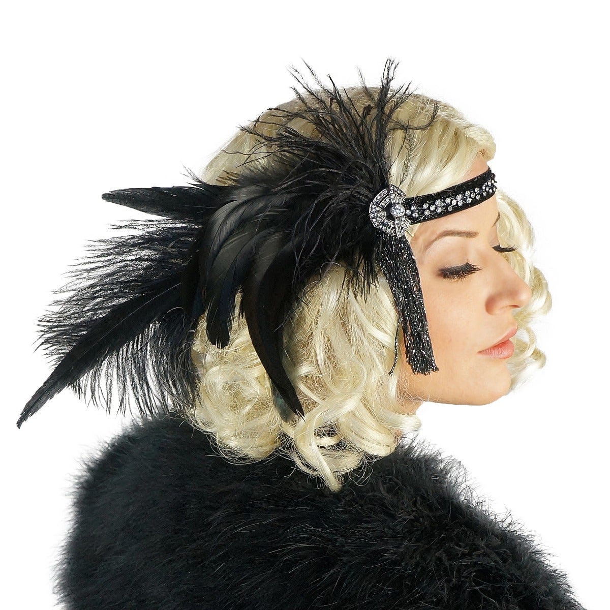 Art Deco Style Feather Headband - Black - Feathers