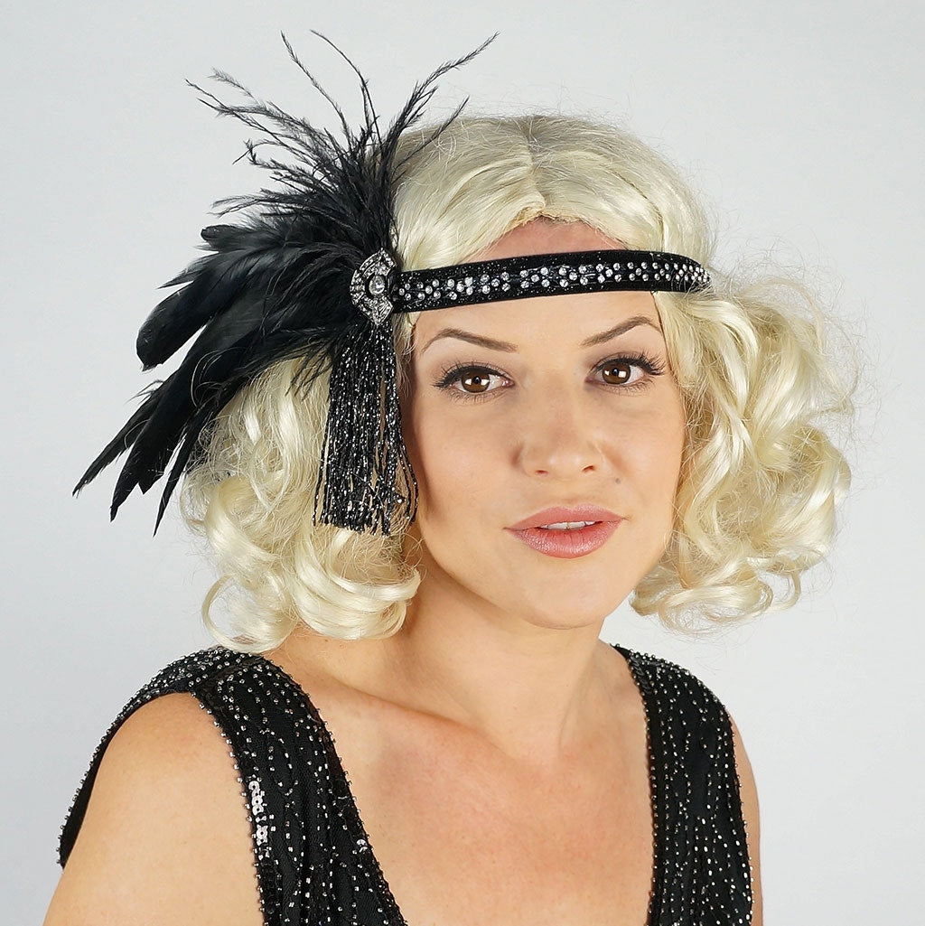 Art Deco Style Feather Headband - Black - Feathers