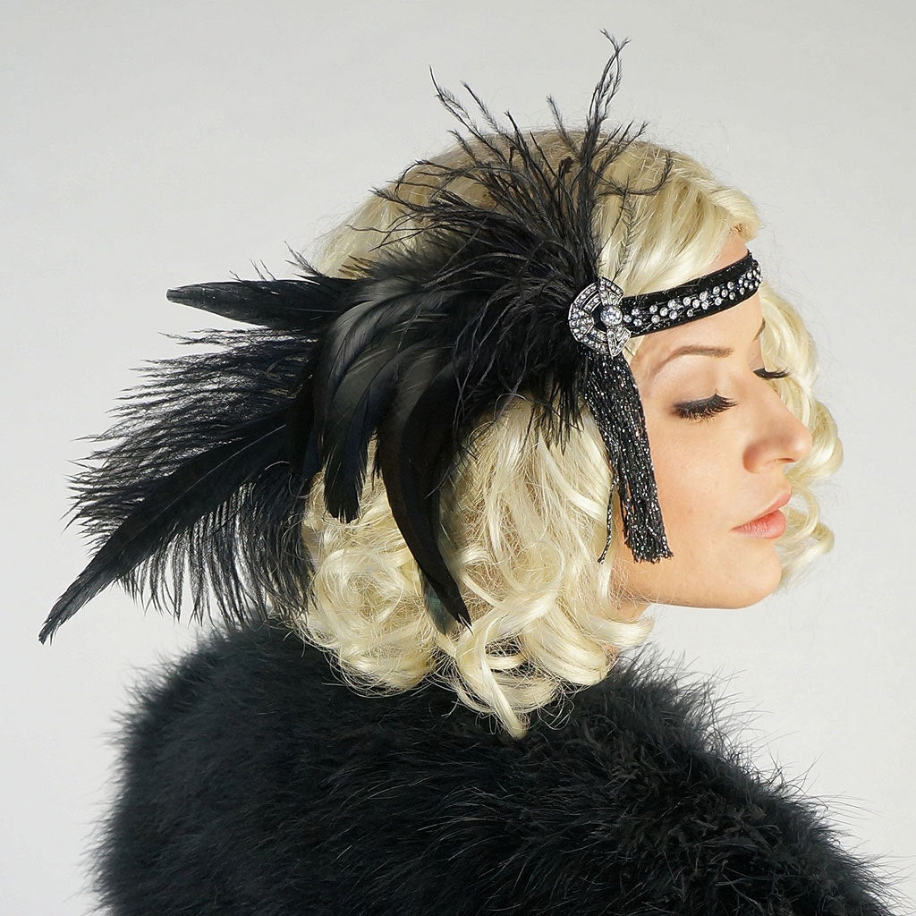 Art Deco Style Feather Headband - Black - Feathers