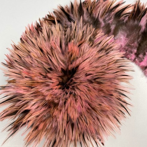 Badger Rooster Saddle Feathers Strung - 2’’ strip of 4-6’’ Rooster Feathers - Candy Pink - Feathers