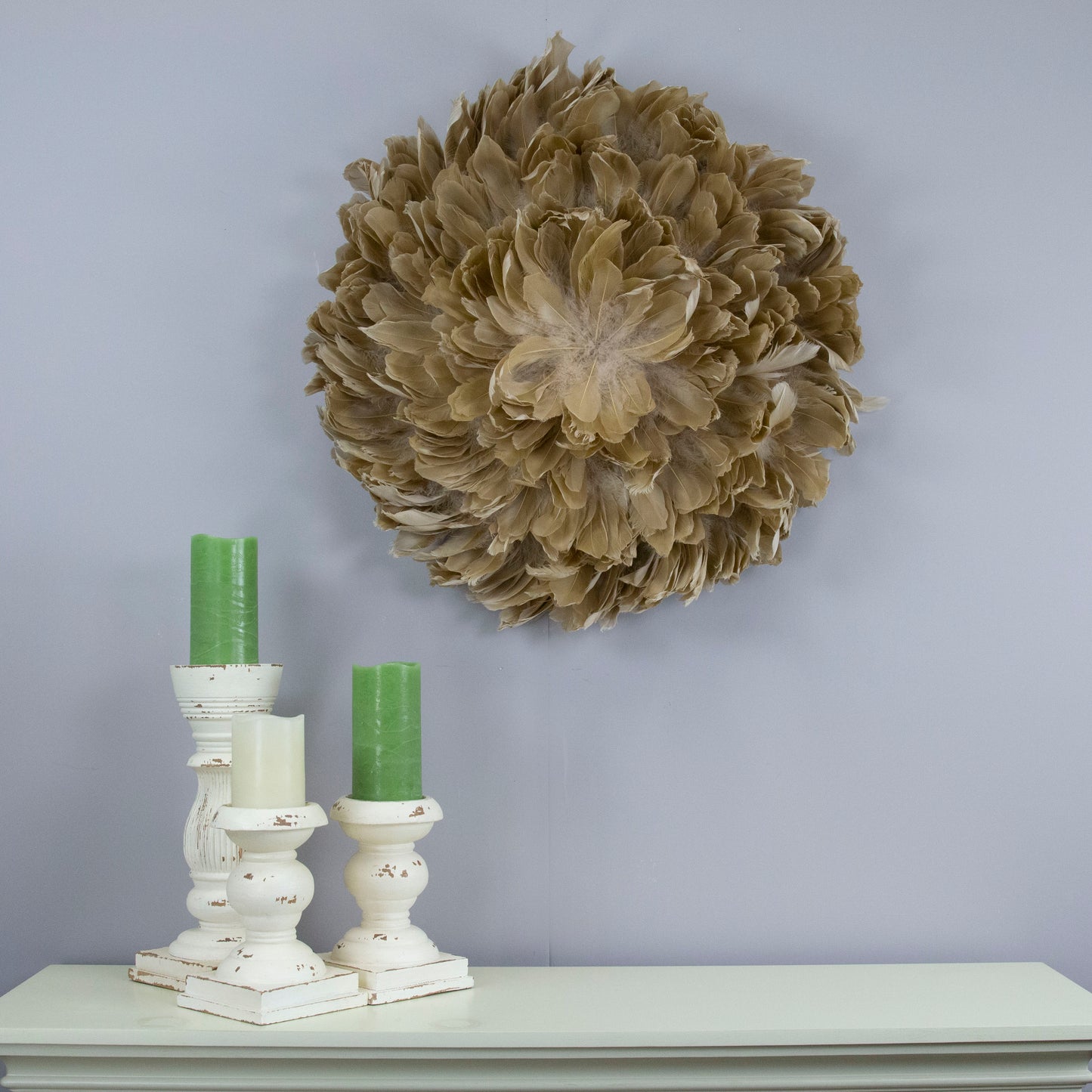 Juju Hat Nagoire Feather Wall Art 16 inch Wood Base   24-26 inch DIA --Beige