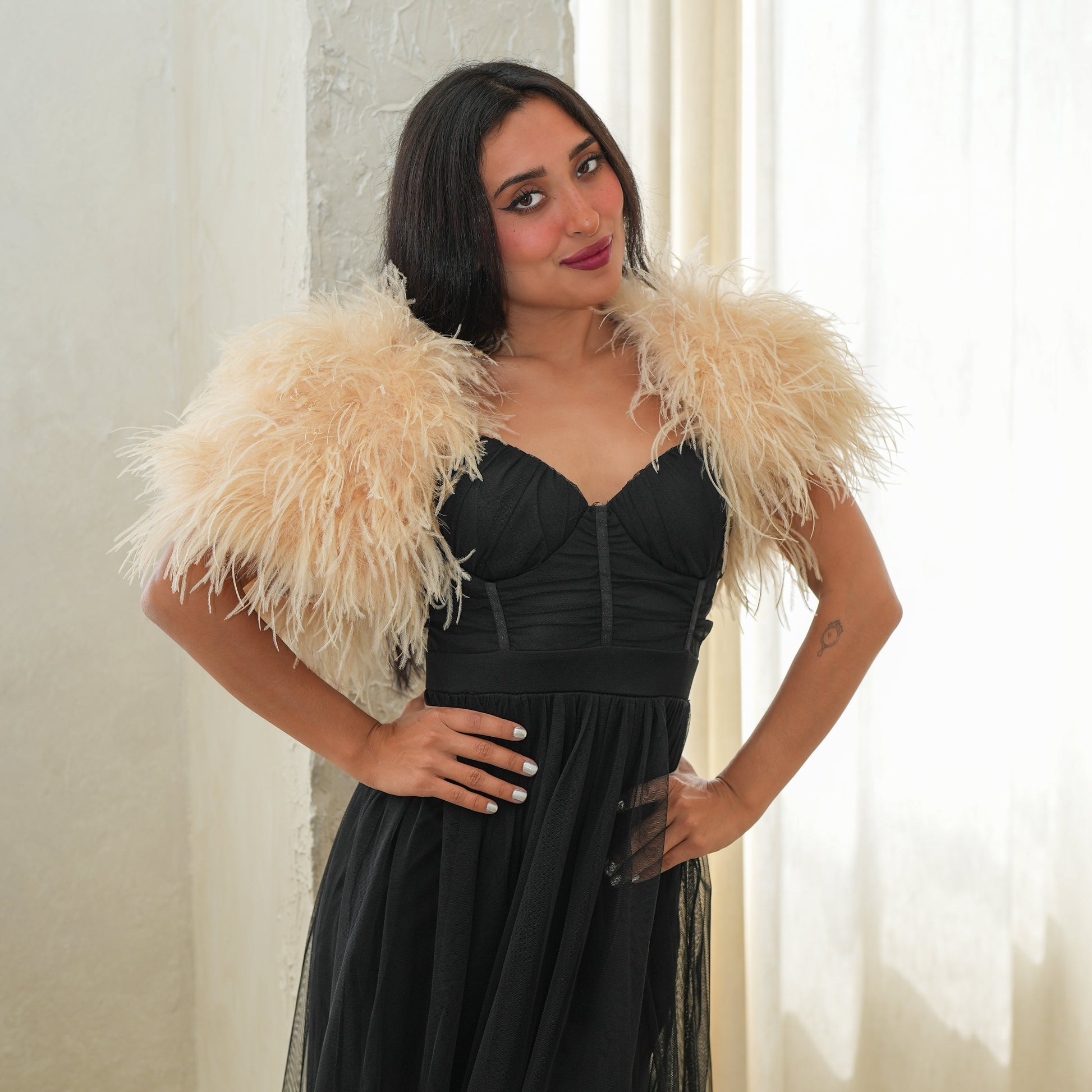 Beige Large Ostrich Feather Shrug