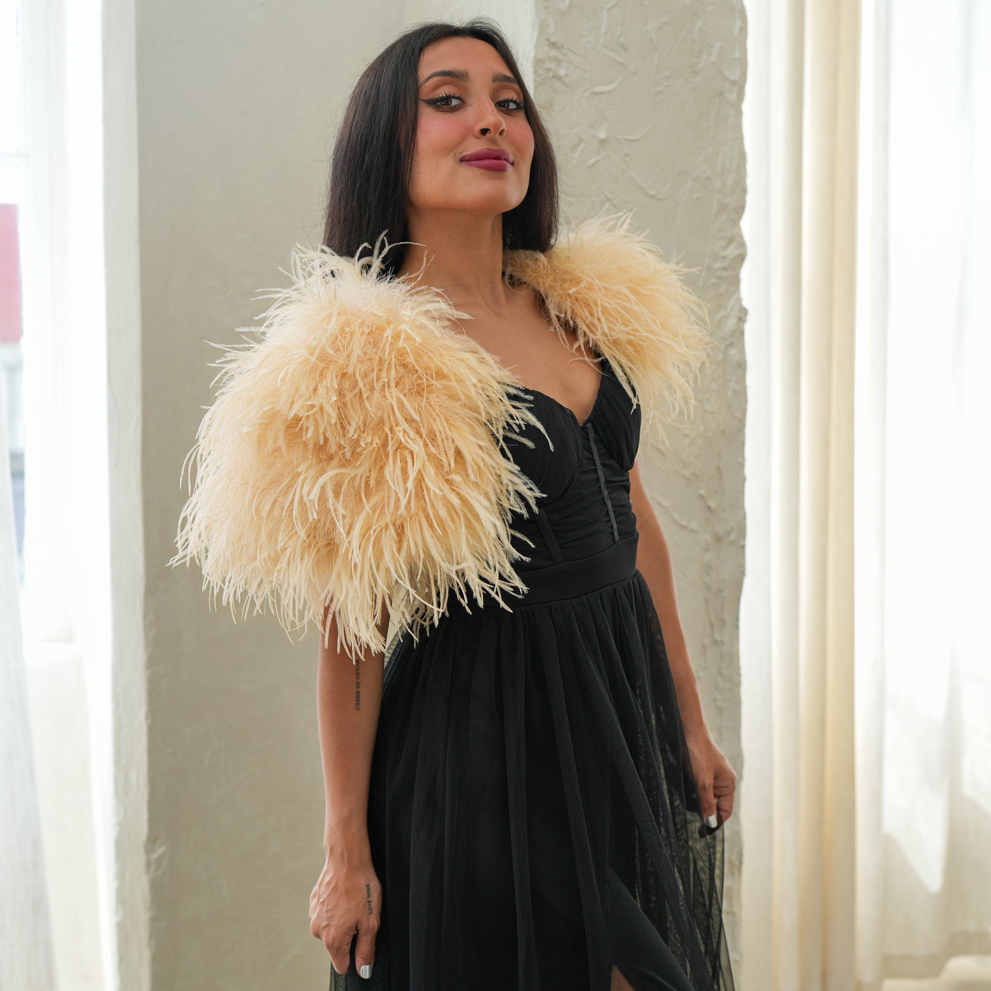 Beige Large Ostrich Feather Shrug