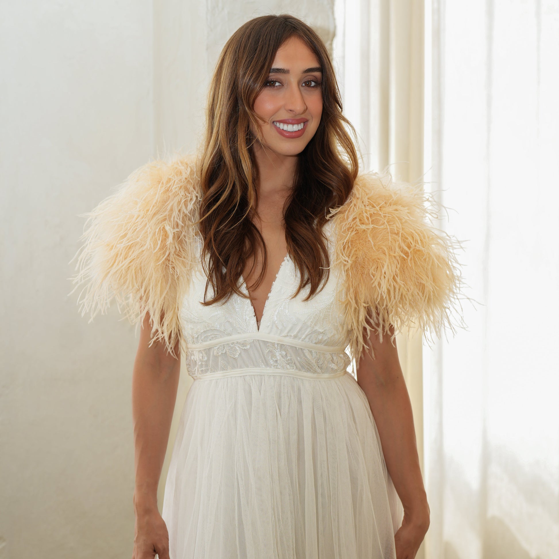 Zucker Feather Bolero Jacket | Nude Beige Ostrich Feather Bridal Accessory Zucker Feather Products, Inc. Zucker Feather Bolero Jacket | Nude Beige Ostrich Feather Bridal Accessory Zucker Feather Products, Inc.