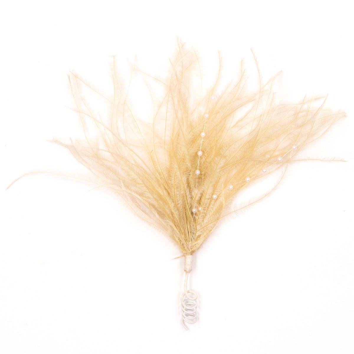 Feather Floral Pick w/Ostrich - Pearls-Beige