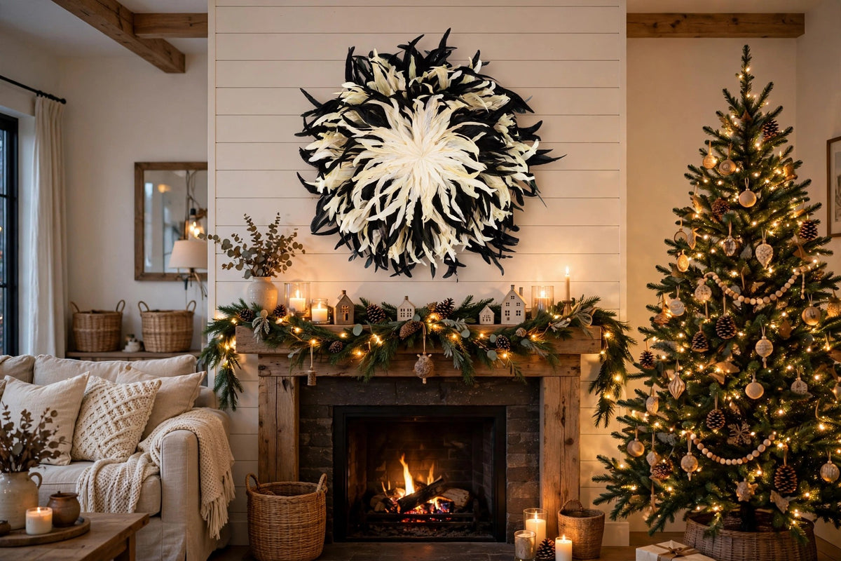 Black and Beige Feather Wall Art Juju Hat hung on a wall in a holiday-decorated room