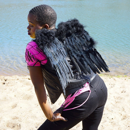 Small Black Angel Costume Wings - Halloween Cosplay Feather Wing for Adults-Kids