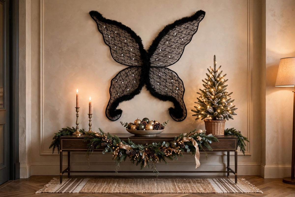 Black Angel Wing Adult Costume - Large Fairy Lace and Feather Wings Halloween or Cosplay hung on a wall in a holiday-decorated room