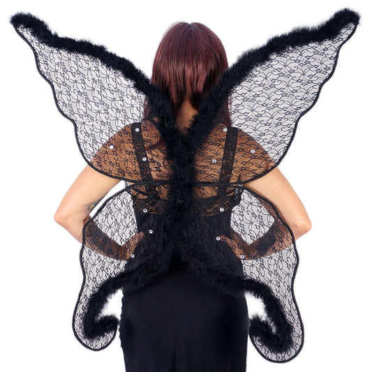 Black Angel Wing Adult Costume - Large Fairy Lace and Feather Wings Halloween or Cosplay - Feathers