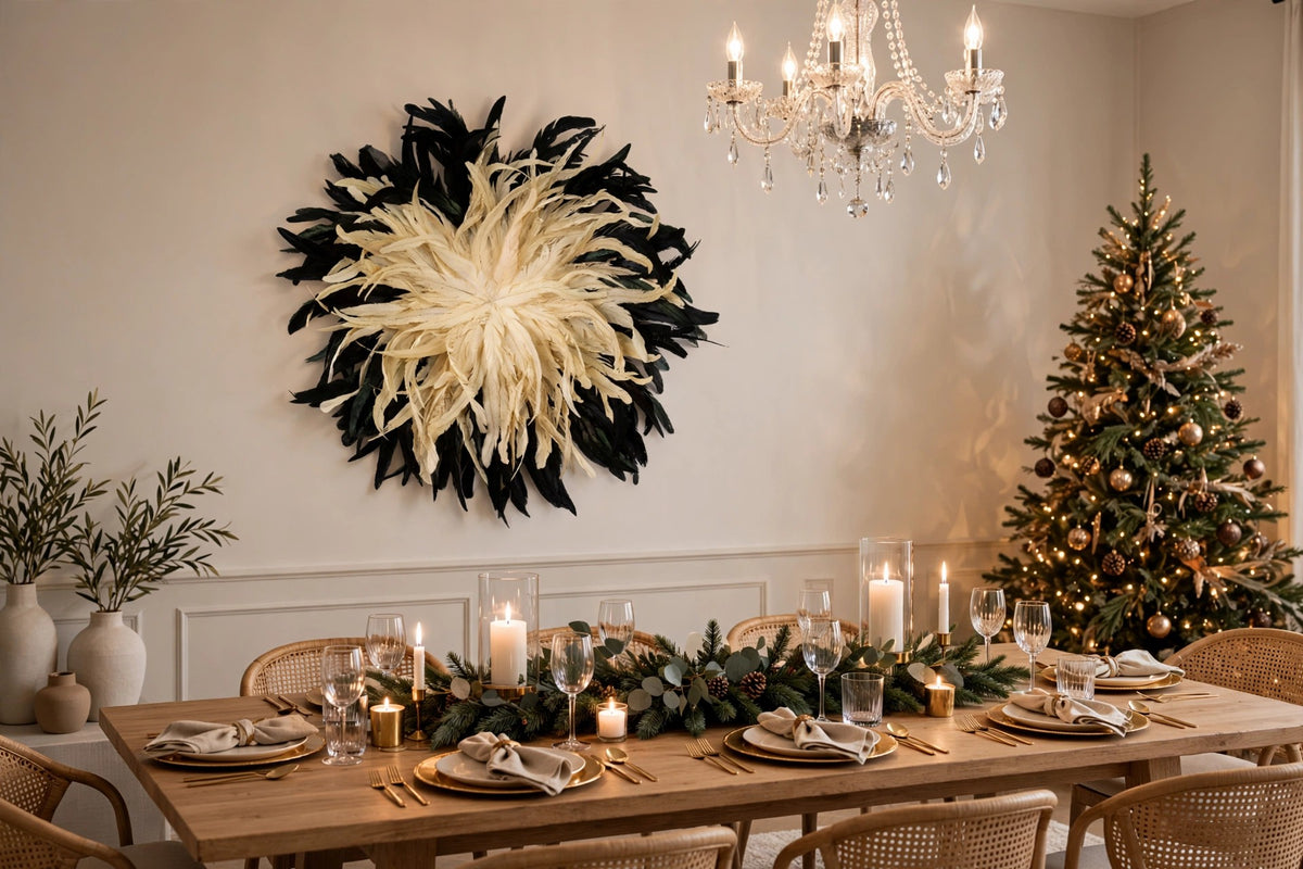 Black-Beige African JuJu Hat Feather Wall Art and Decor hung on a wall in a holiday-decorated room