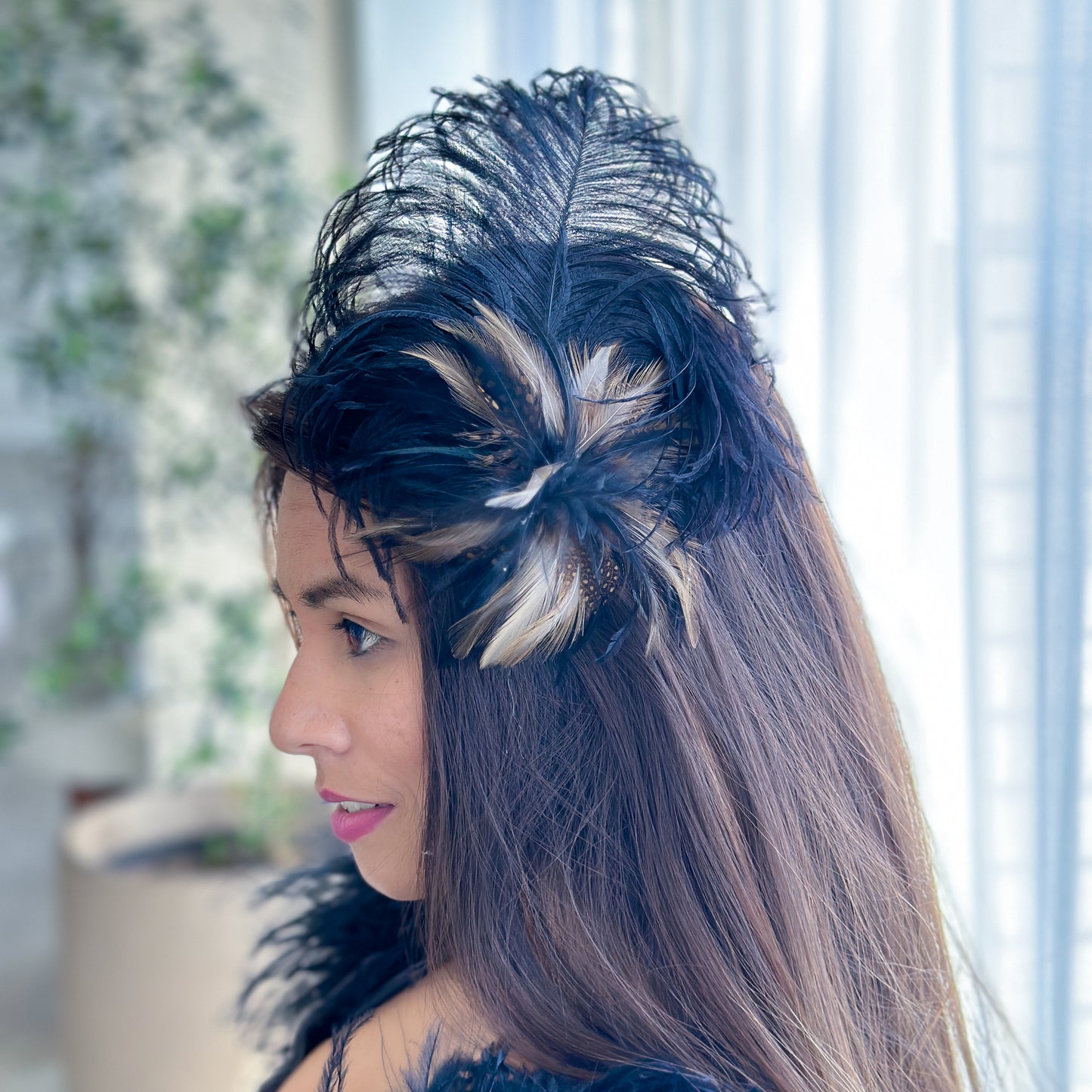 Black and Beige Ostrich Feather Hair Pin Fascinator