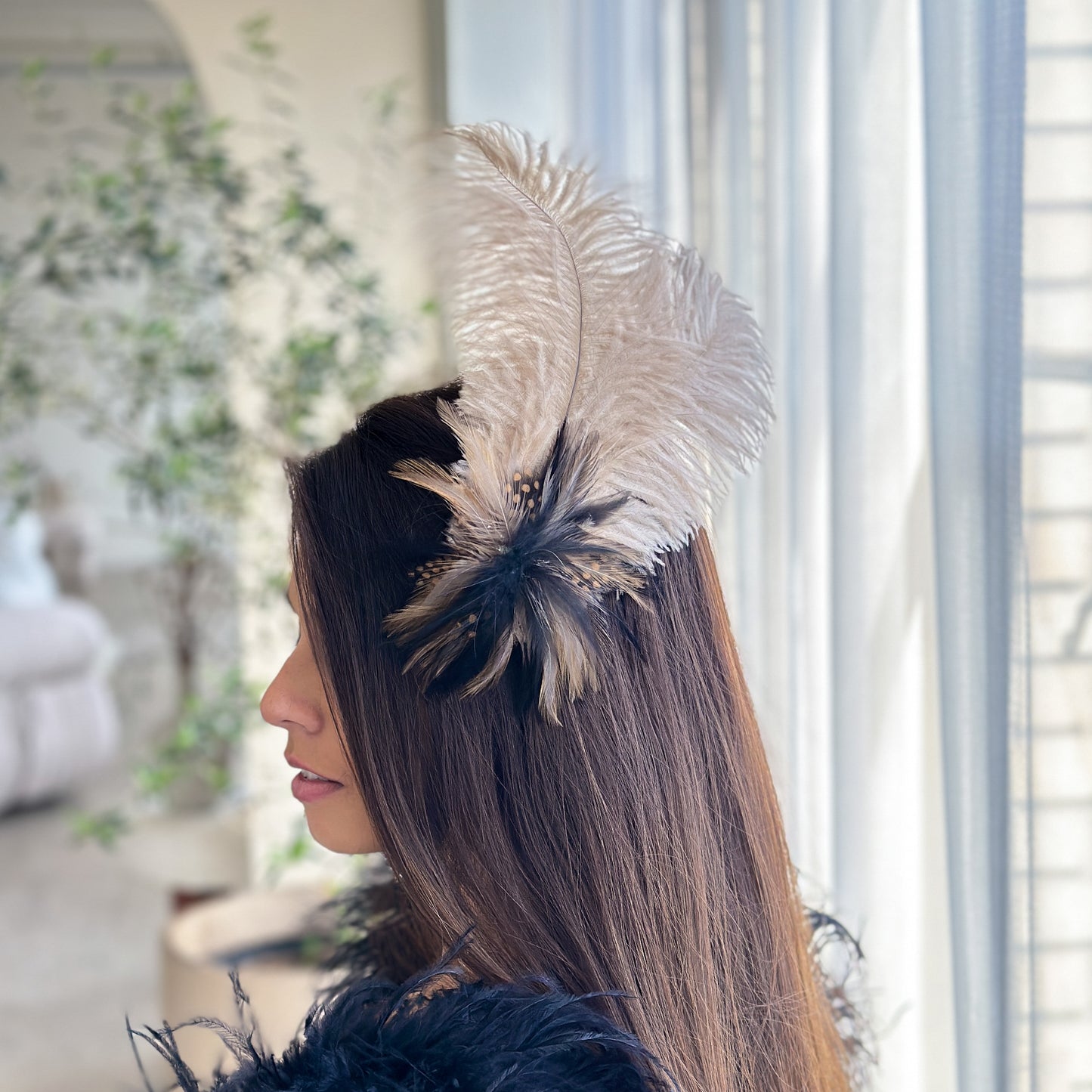 Beige Ostrich Feather Hair Pin Fascinator