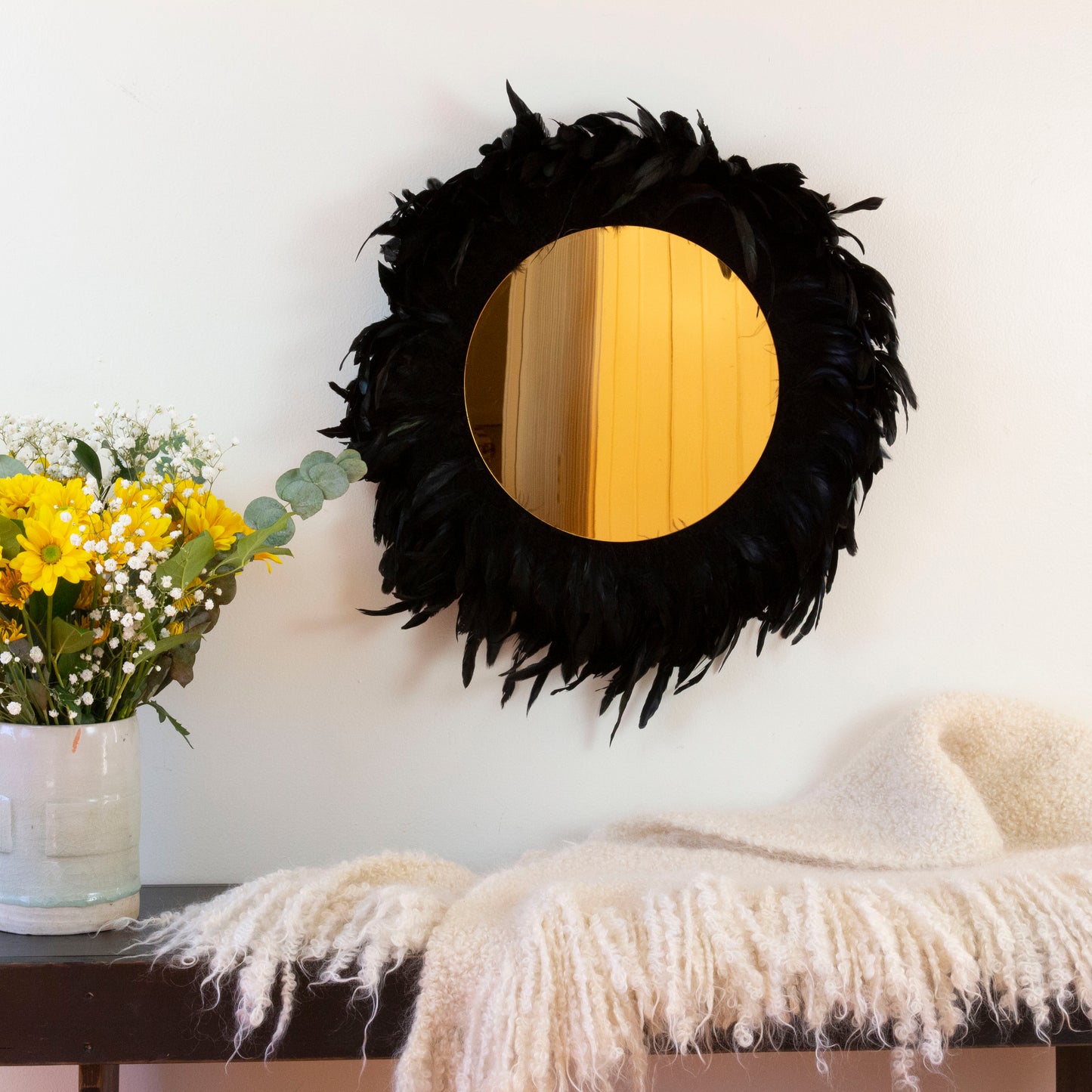 Black Feather and Golden Mirror Wall Art
