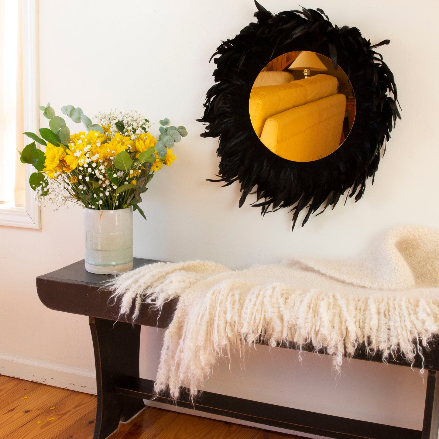 Black Feather and Golden Mirror Wall Art