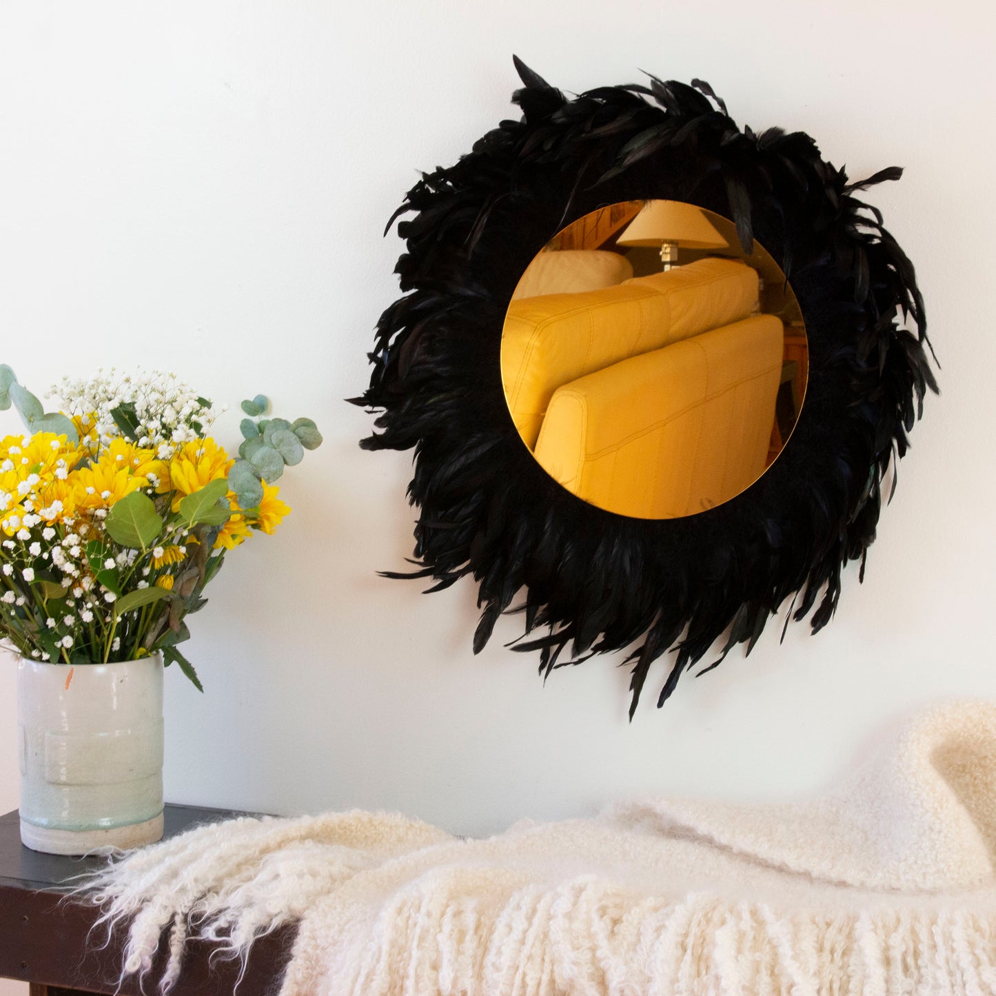 Black Feather and Golden Mirror Wall Art