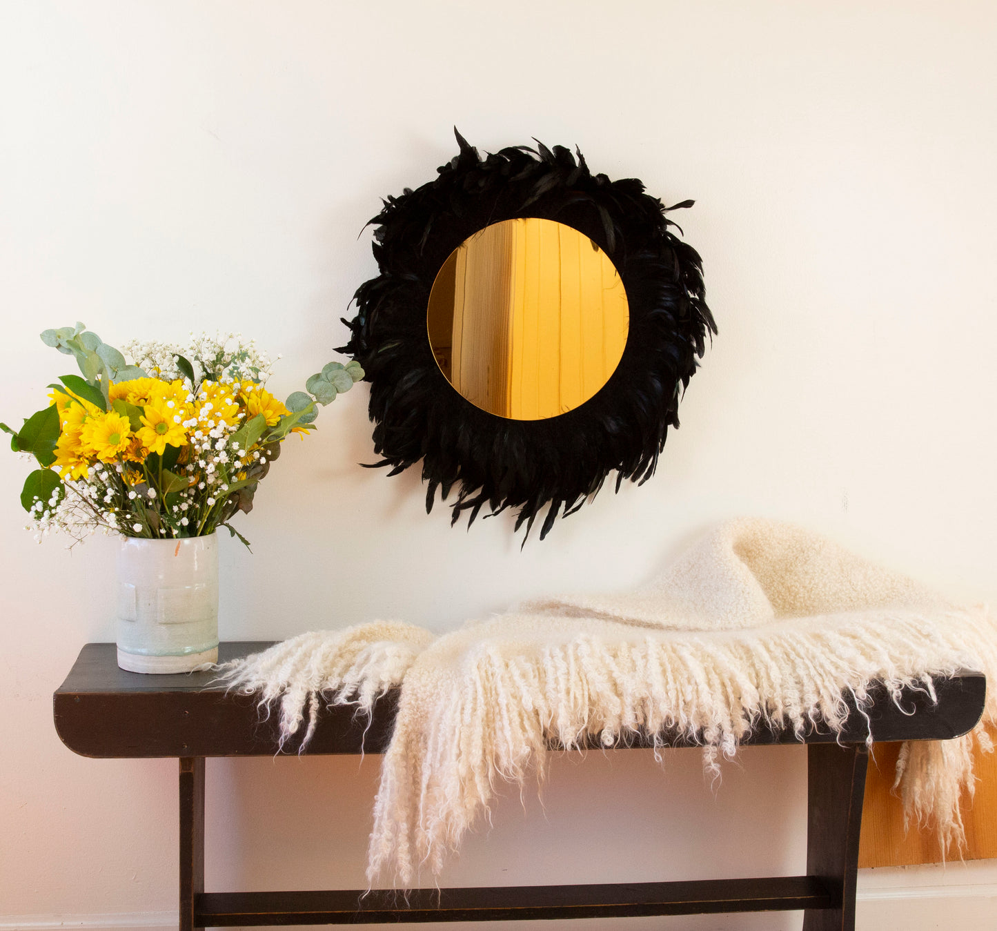 Black Feather and Golden Mirror Wall Art