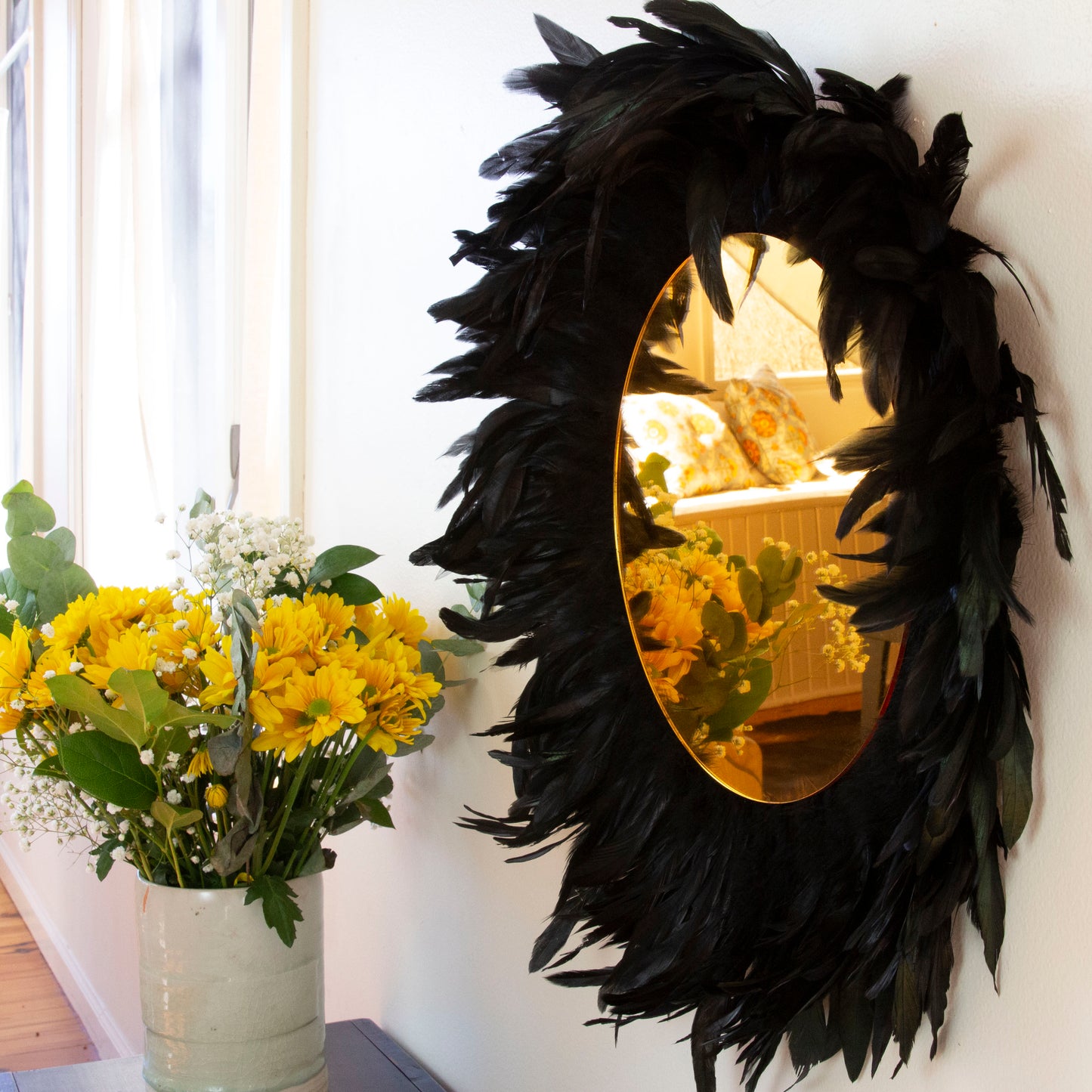 Black Feather and Golden Mirror Wall Art