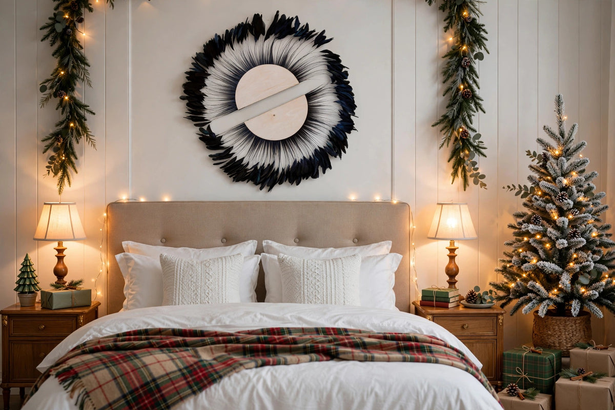 Black Feather Wall Art hung on a wall in a holiday-decorated room