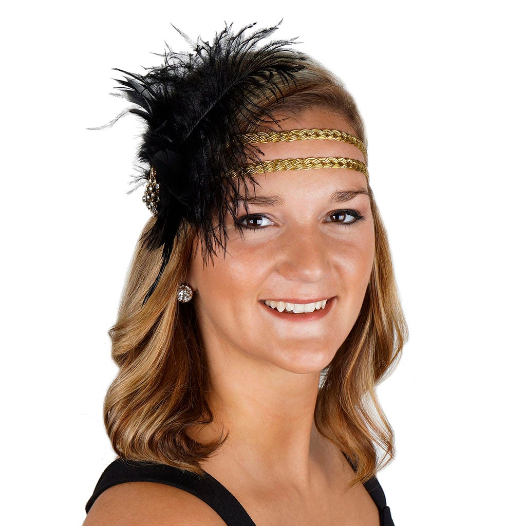 Feather Headband w/Ostrich/Schlappen Black/Gold