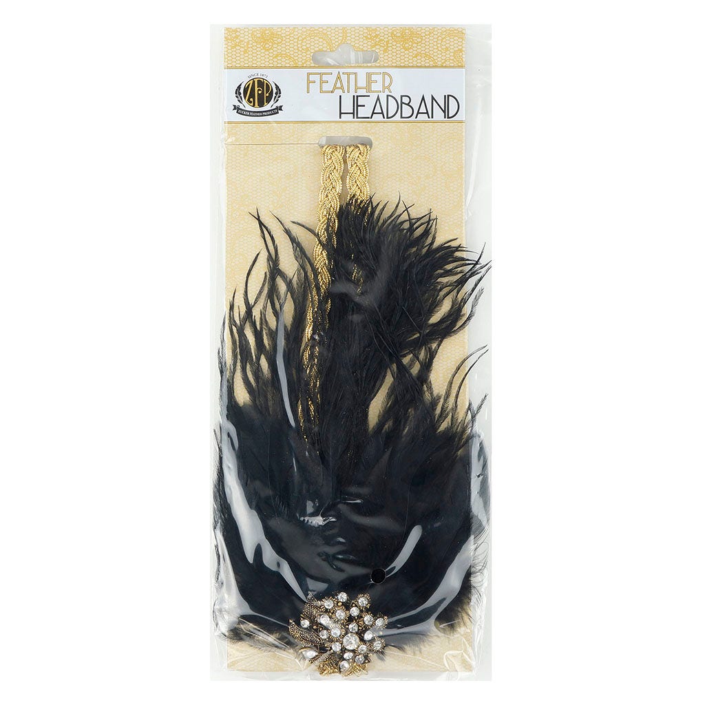 Feather Headband w/Ostrich/Schlappen Black/Gold