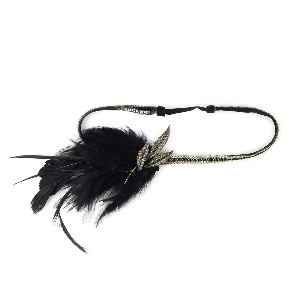 Gatsby Feather Headband w/Rhinestone Leaf - Black and Gold