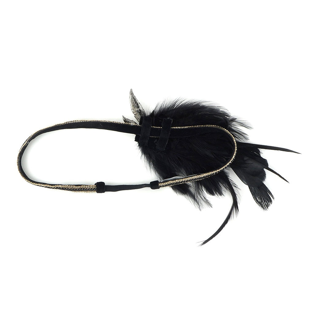 Gatsby Feather Headband w/Rhinestone Leaf - Black and Gold