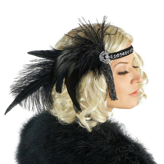 Art Deco Style Feather Headband - Black