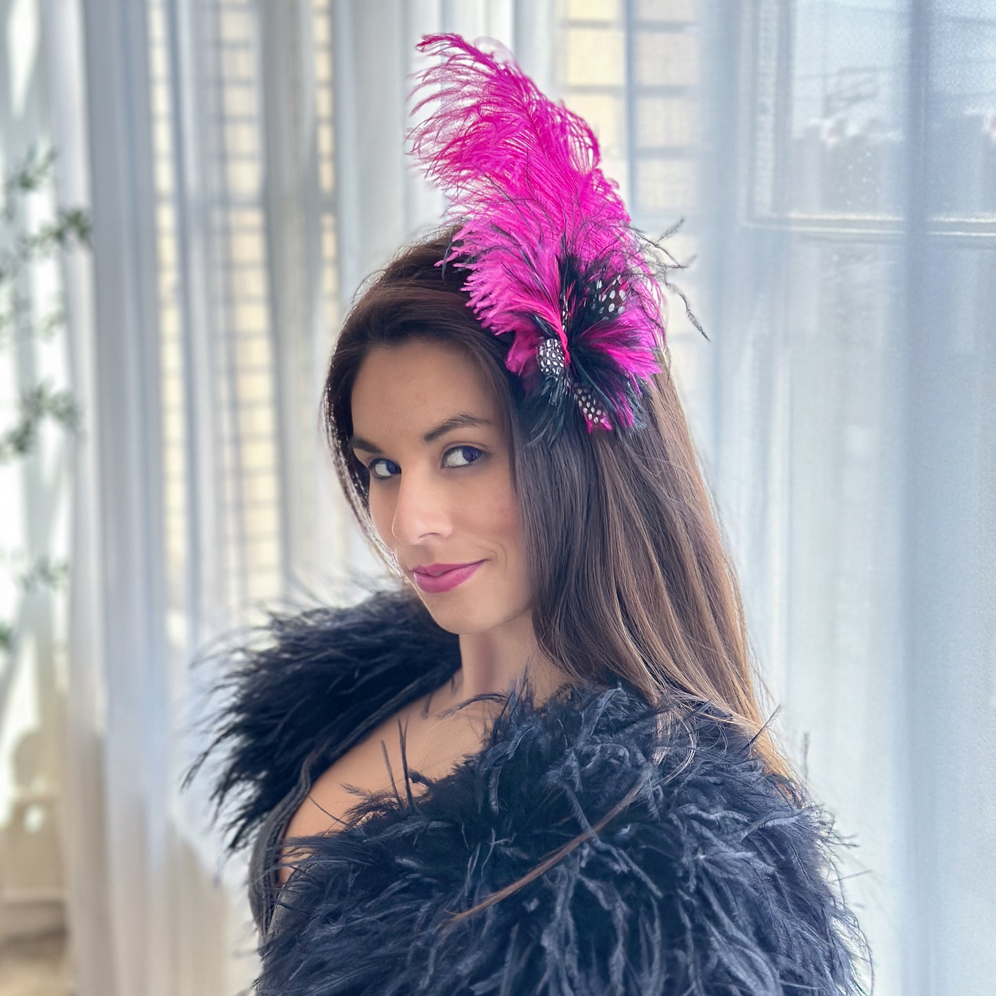 Hot Pink Ostrich and Black and White Polka Dot Feather Hair Pin