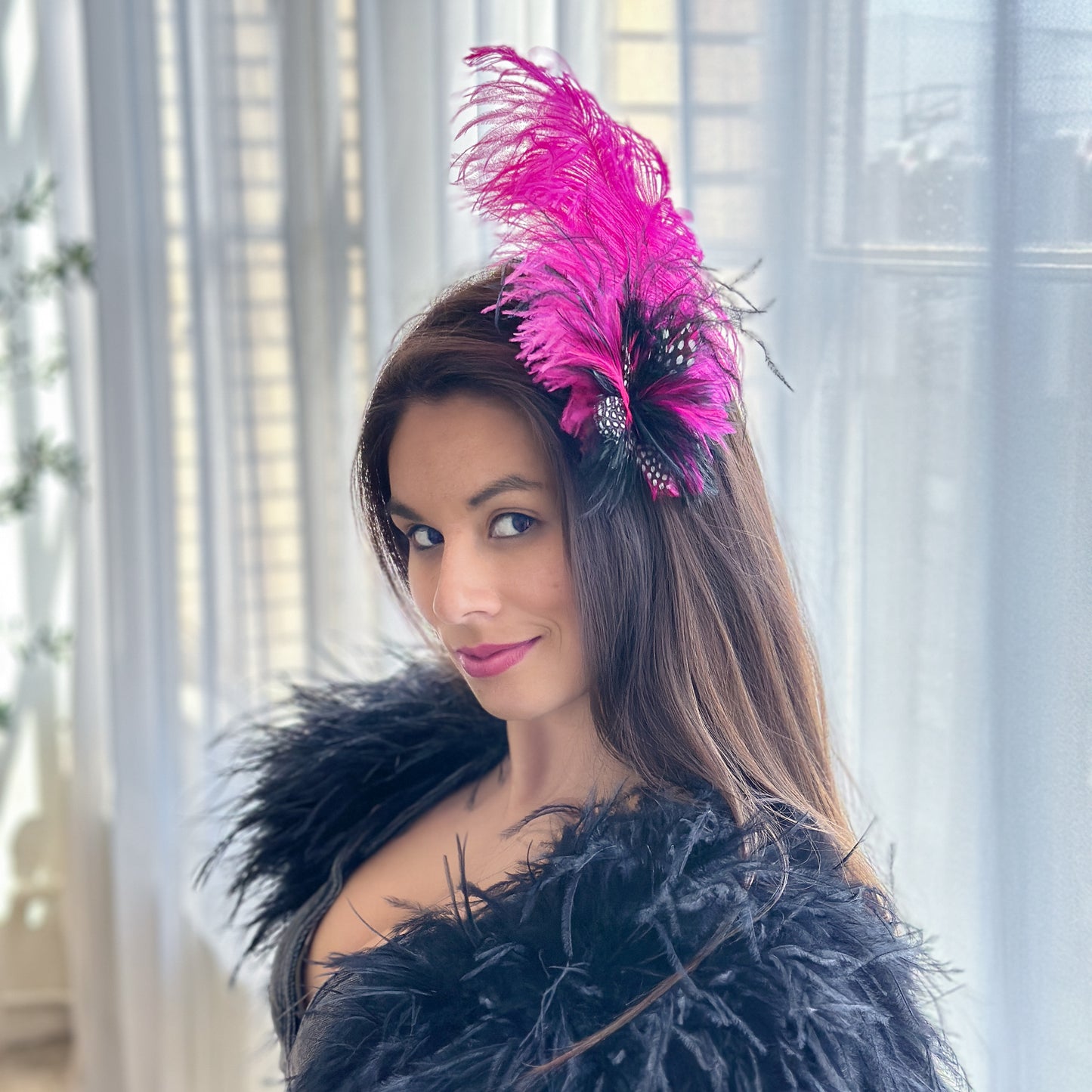 Hot Pink Ostrich and Black and White Polka Dot Feather Hair Pin