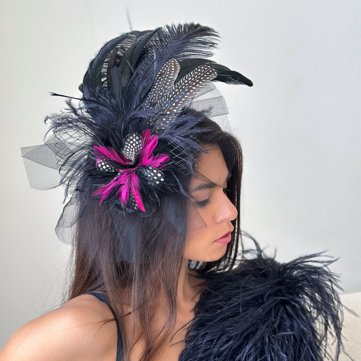 August Hats Umbrella Fascinator Feathers One Size NWOT black-rooster-ostrich-feather-  main image 4