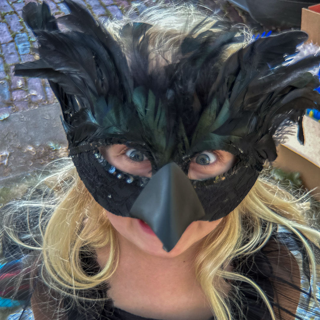 Black Raven Feather Mask - Feathers