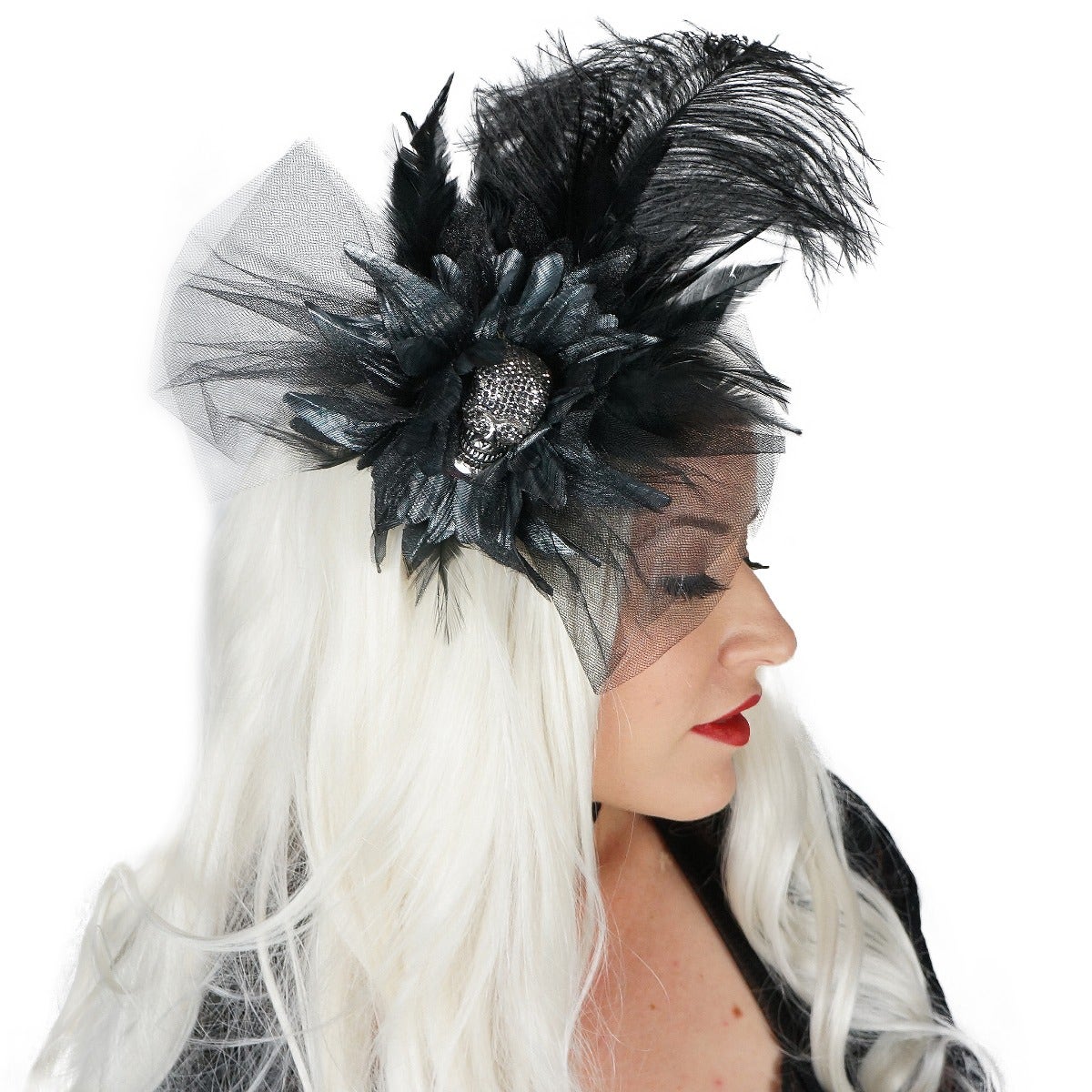 Feather Headband With Rhinestone Skull 6-7" - Black
